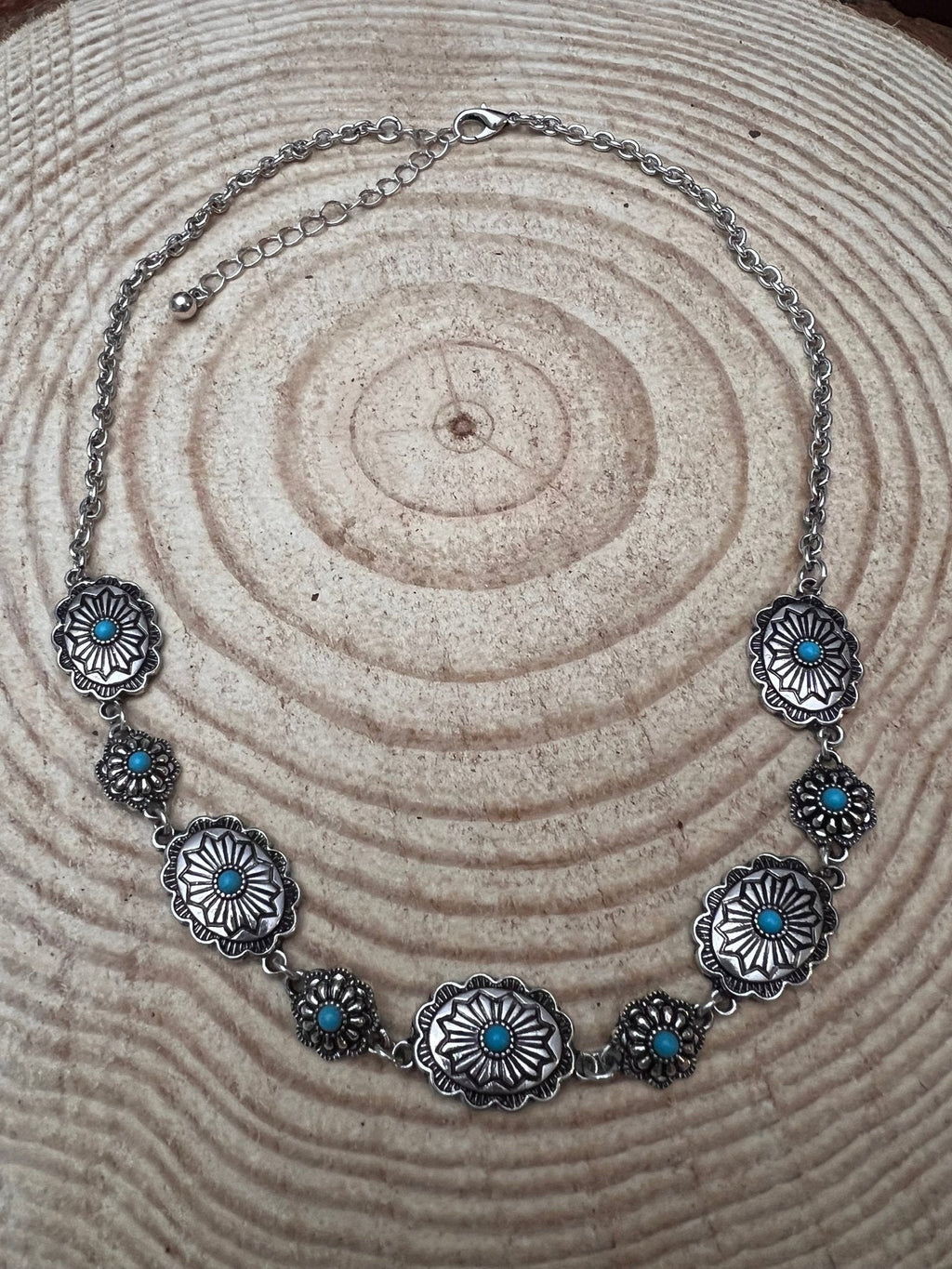 Western Linked Concho Necklace with Faux Turquoise — 18 Inch with Extender - Rooted & Reckless Co.