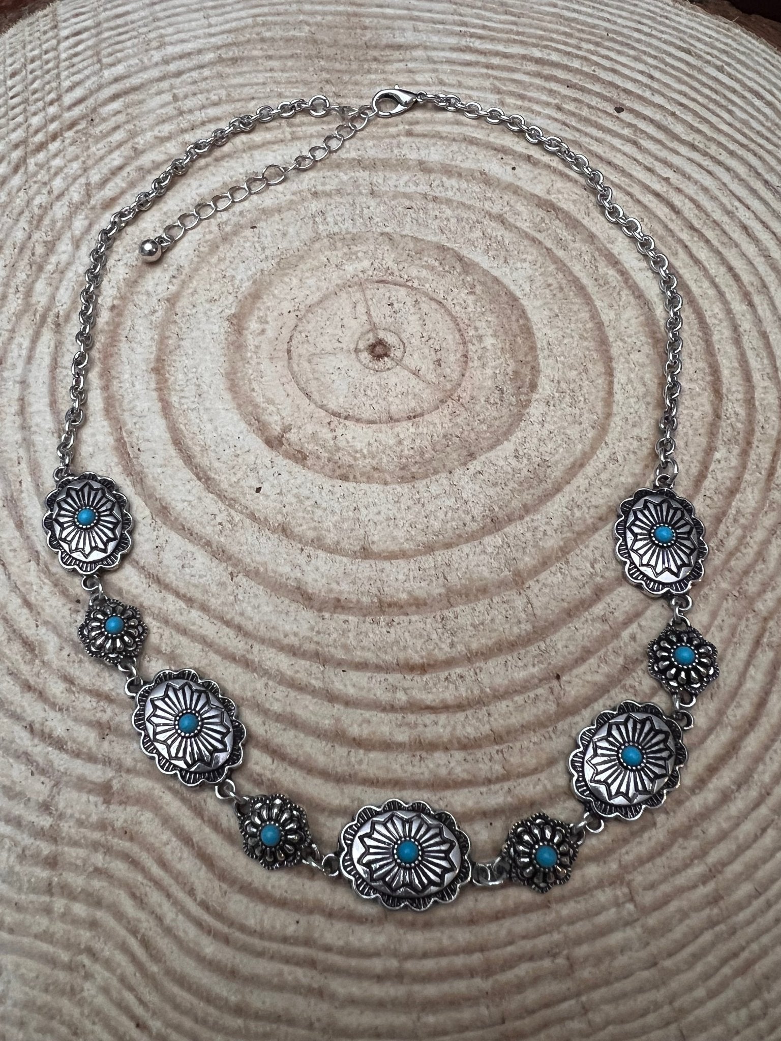 Western Linked Concho Necklace with Faux Turquoise — 18 Inch with Extender - Rooted & Reckless Co.