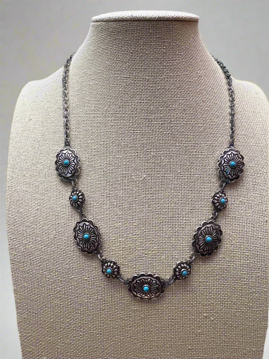 Western Linked Concho Necklace with Faux Turquoise — 18 Inch with Extender - Rooted & Reckless Co.