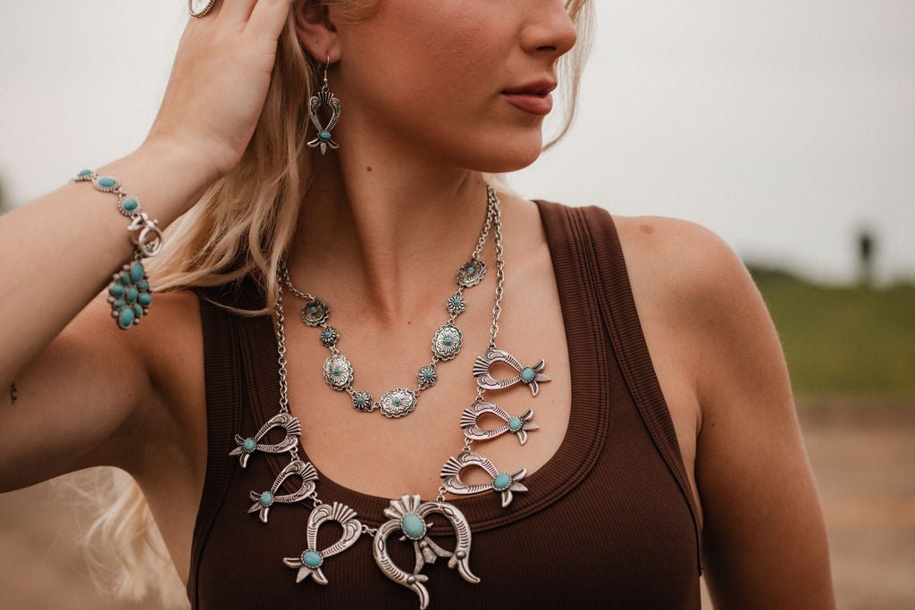 Western Linked Concho Necklace with Faux Turquoise — 18 Inch with Extender - Rooted & Reckless Co.