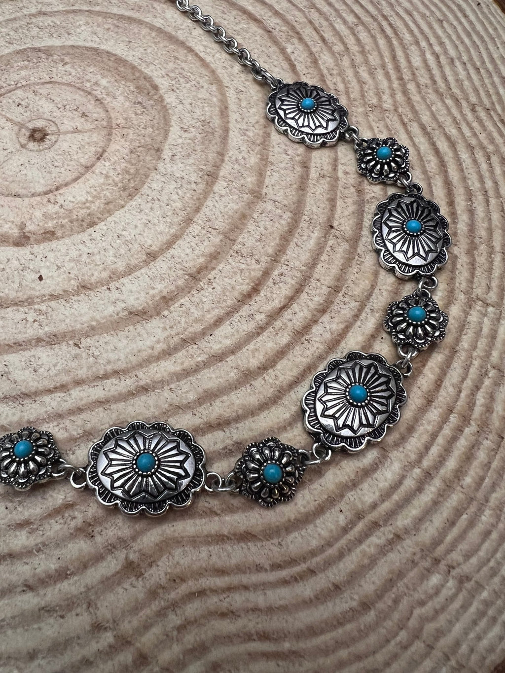 Western Linked Concho Necklace with Faux Turquoise — 18 Inch with Extender - Rooted & Reckless Co.