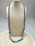 Western Long Faux Turquoise Nugget & Sterling Pearl Statement Necklace — 48 Inch - Rooted & Reckless Co.
