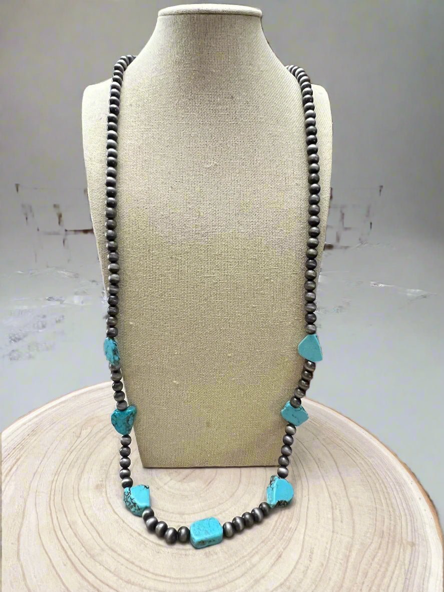 Western Long Faux Turquoise Nugget & Sterling Pearl Statement Necklace — 48 Inch - Rooted & Reckless Co.