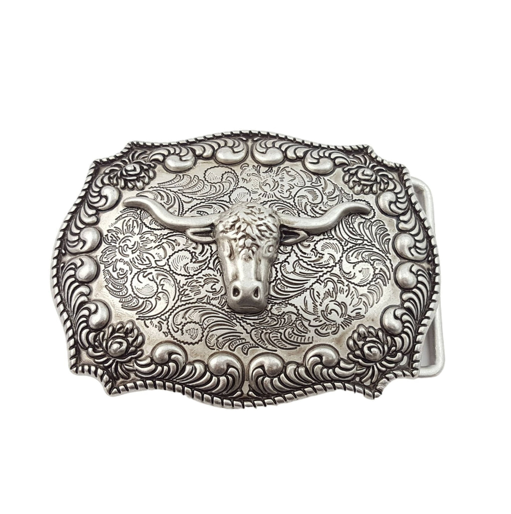 Western Long Horn Belt Buckle — Dark Antique Nickel with Rope Edge Border - Rooted & Reckless Co.