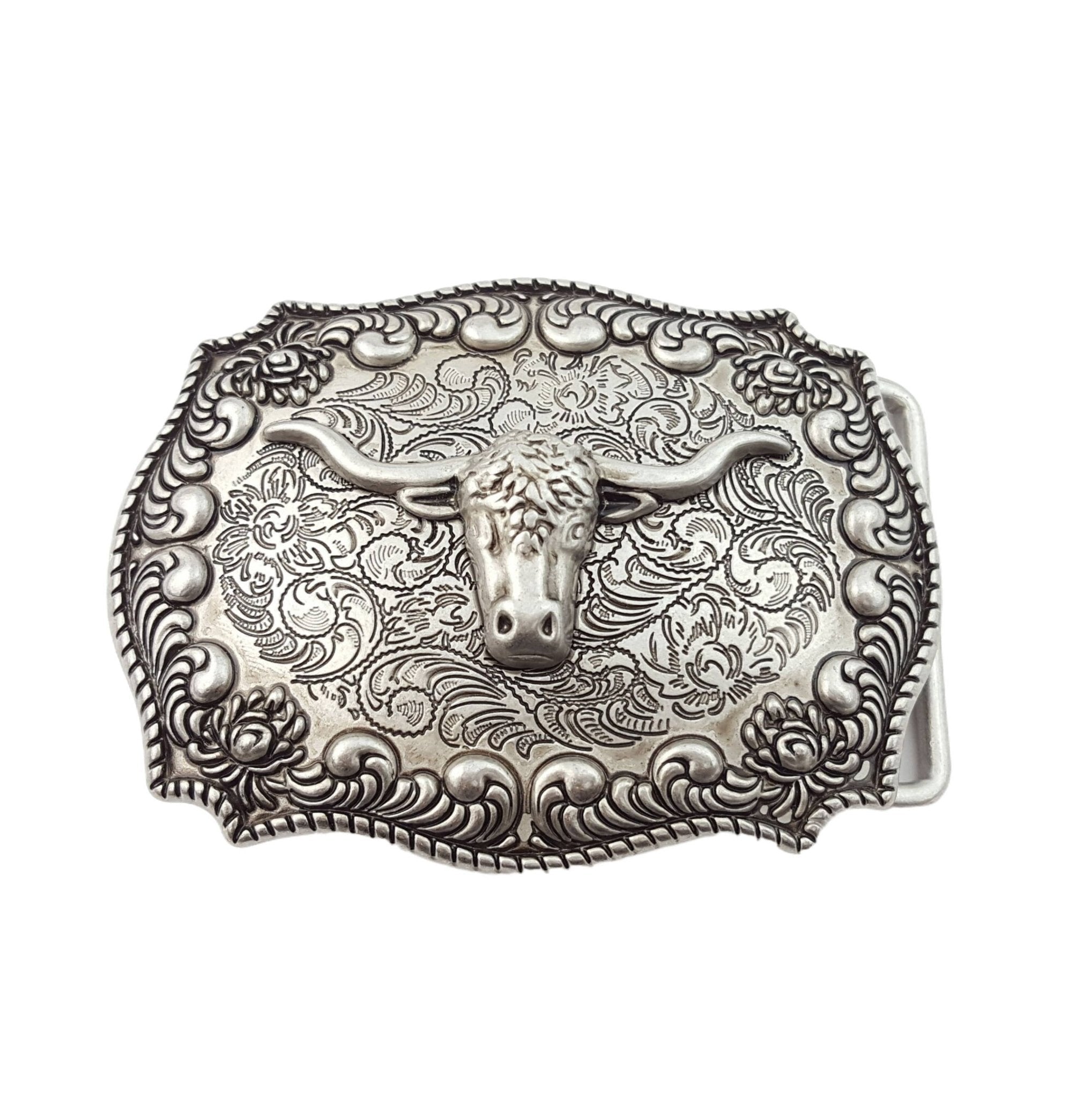 Western Long Horn Belt Buckle — Dark Antique Nickel with Rope Edge Border - Rooted & Reckless Co.