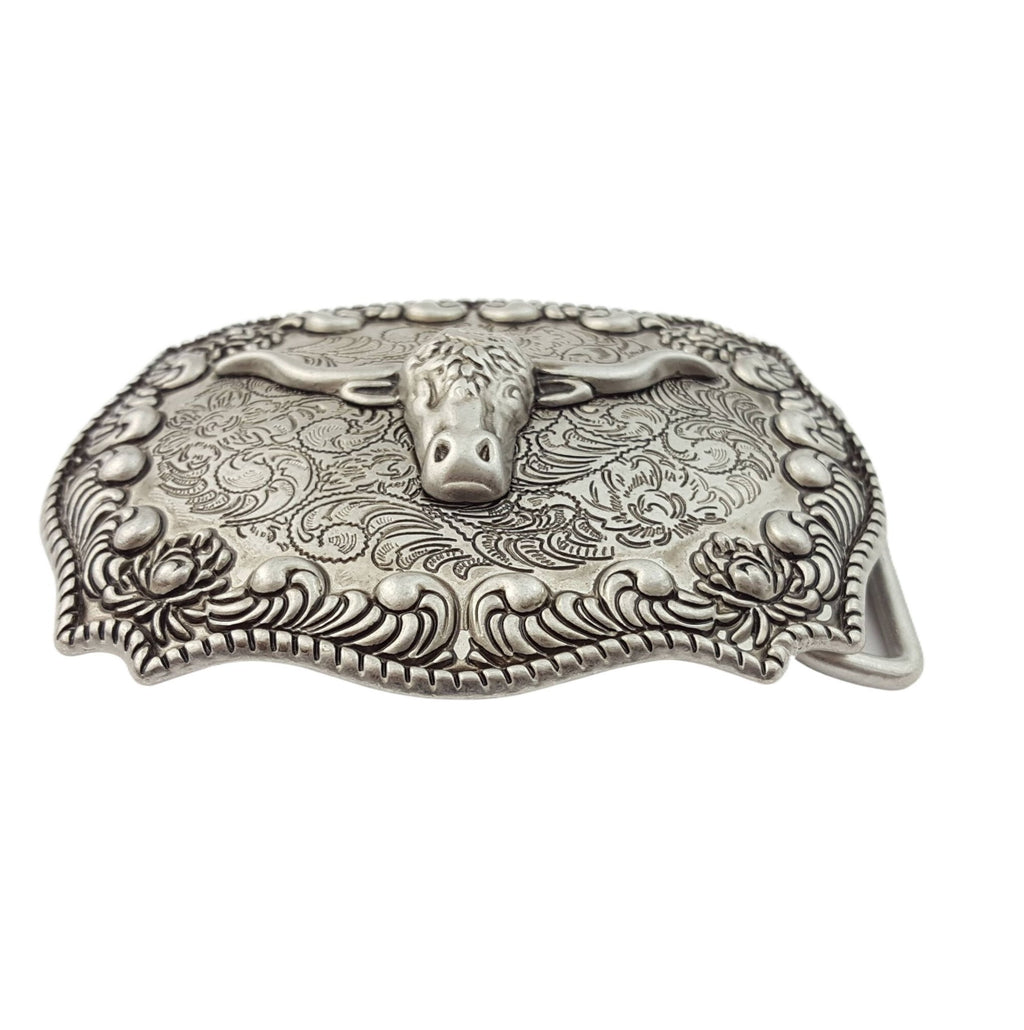 Western Long Horn Belt Buckle — Dark Antique Nickel with Rope Edge Border - Rooted & Reckless Co.