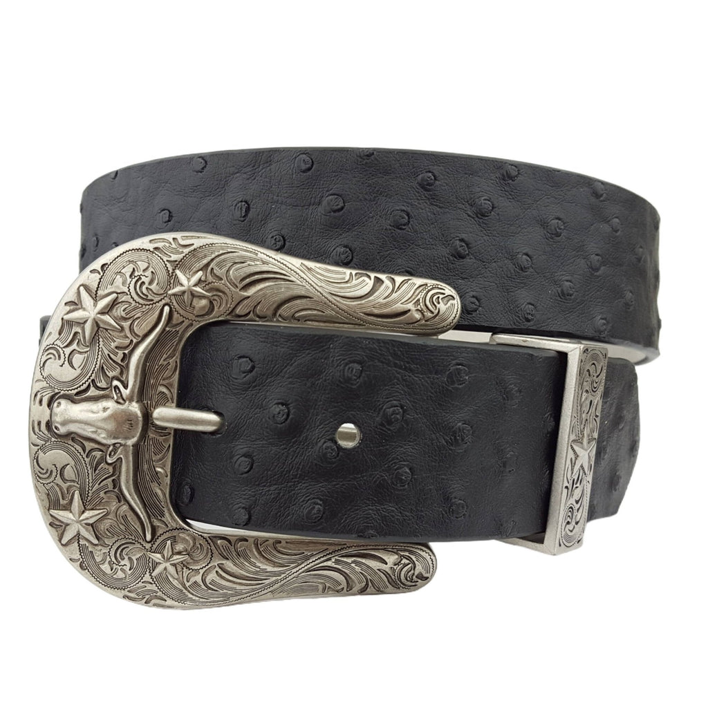 Western Longhorn Buckle Set with Ostrich Print Belt — Texas Star Detail - Rooted & Reckless Co.