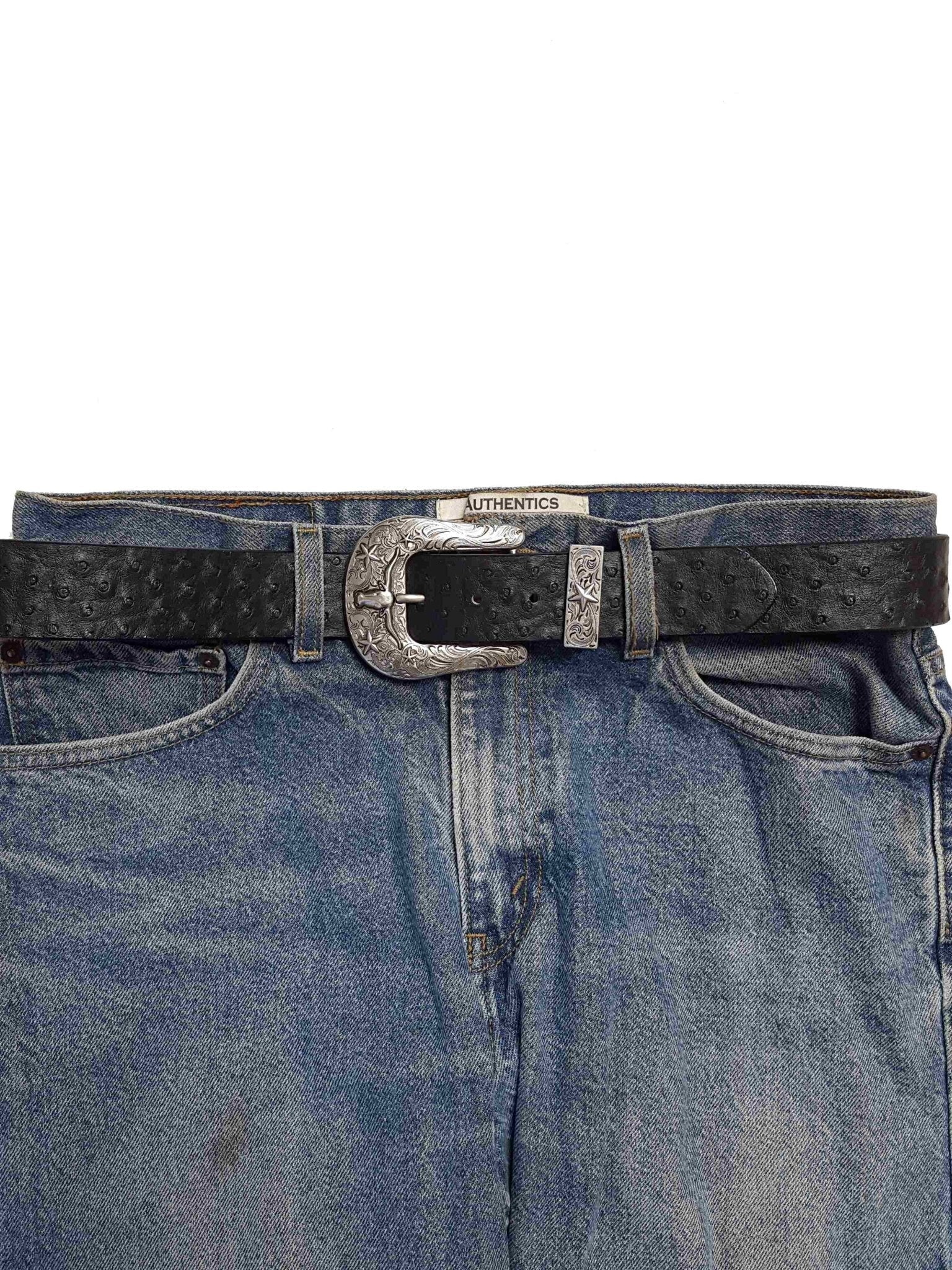 Western Longhorn Buckle Set with Ostrich Print Belt — Texas Star Detail - Rooted & Reckless Co.