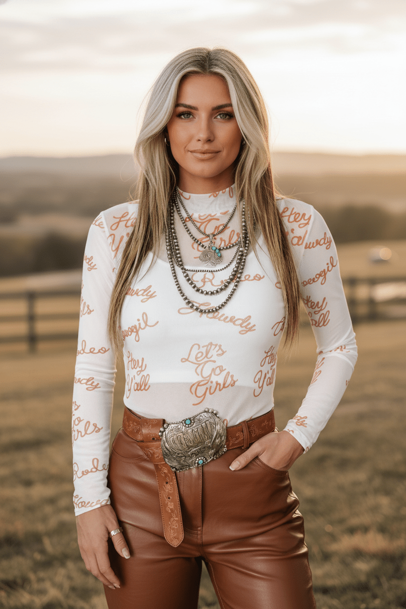 Western Mesh High Neck Long Sleeve Top - Rooted & Reckless Co.