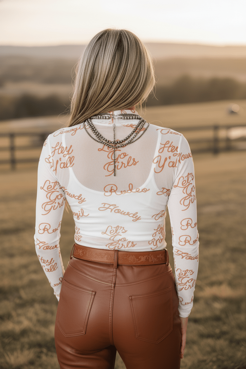 Western Mesh High Neck Long Sleeve Top - Rooted & Reckless Co.