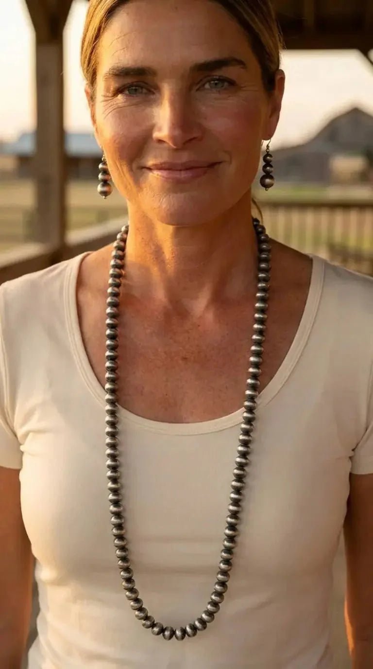 Western Navajo-Style Pearl Necklace & Earring Set — 48 Inch Burnished Silver - Rooted & Reckless Co.