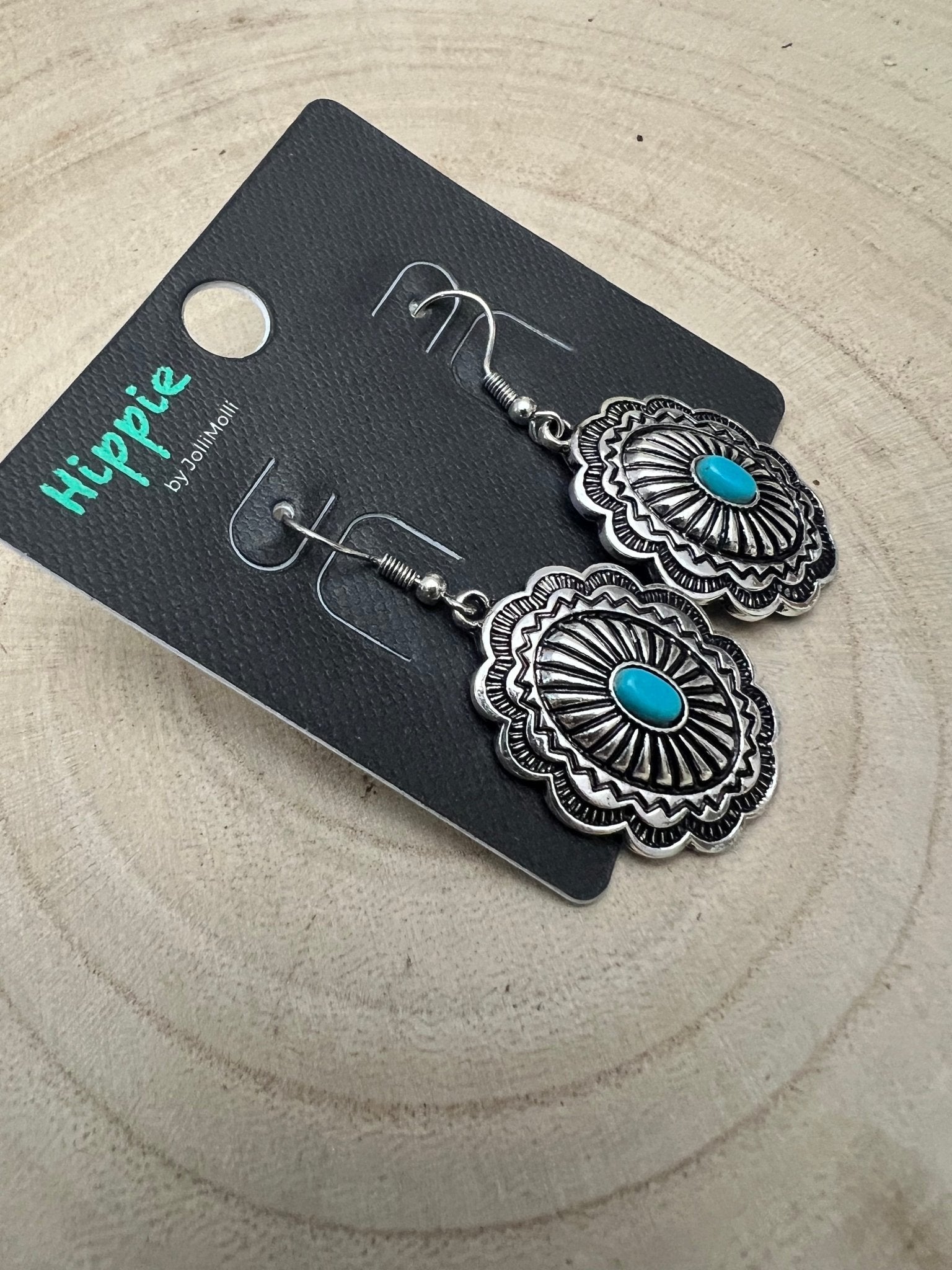 Western Oval Concho Earrings with Faux Turquoise — 1" Drop - Rooted & Reckless Co.