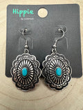 Western Oval Concho Earrings with Faux Turquoise — 1" Drop - Rooted & Reckless Co.