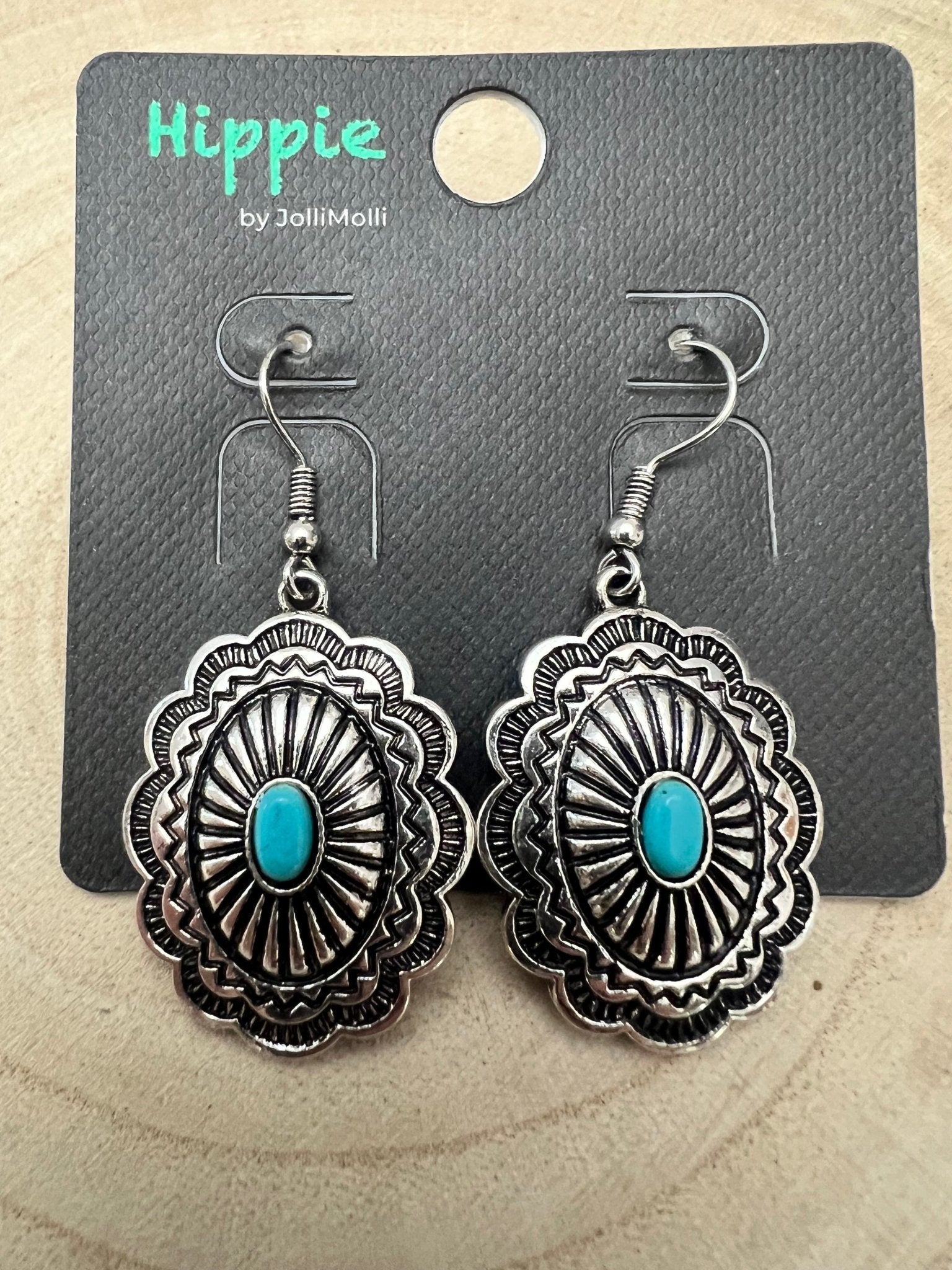 Western Oval Concho Earrings with Faux Turquoise — 1" Drop - Rooted & Reckless Co.