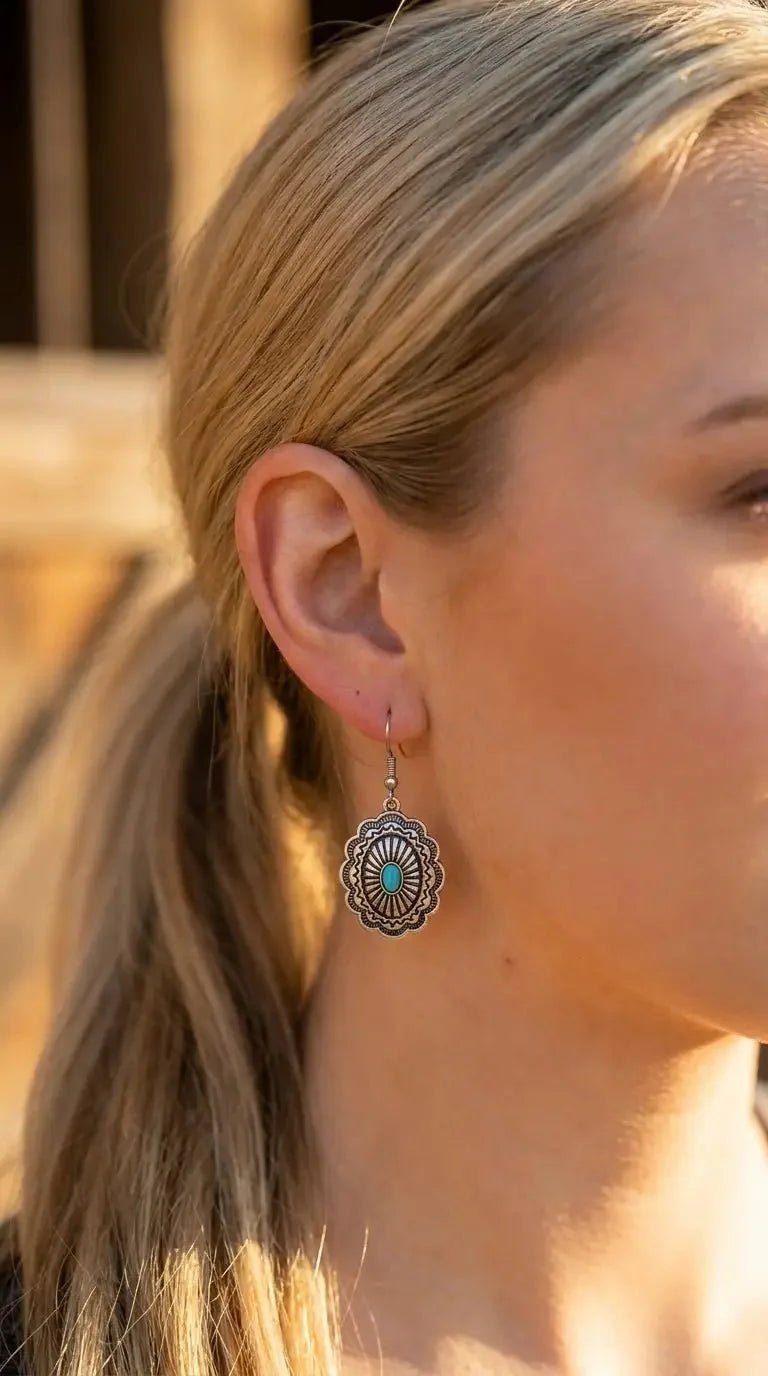 Western Oval Concho Earrings with Faux Turquoise — 1" Drop - Rooted & Reckless Co.