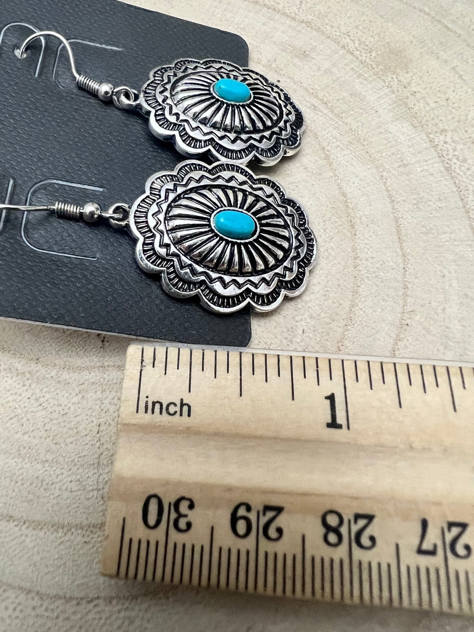 Western Oval Concho Earrings with Faux Turquoise — 1" Drop - Rooted & Reckless Co.