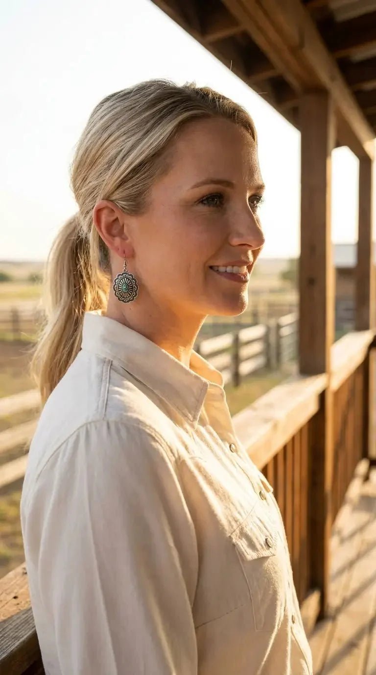 Western Oval Concho Earrings with Faux Turquoise — 1" Drop - Rooted & Reckless Co.