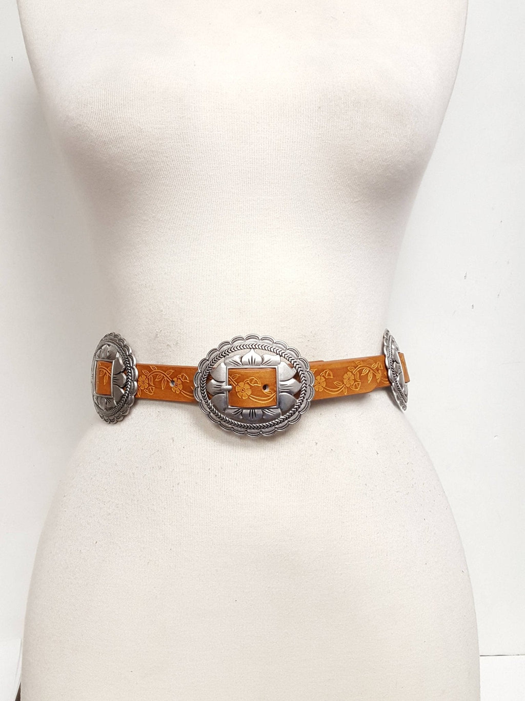 Western Oval Floral Concho Belt — Hand-Painted Tooled with 4 Conchos - Rooted & Reckless Co.
