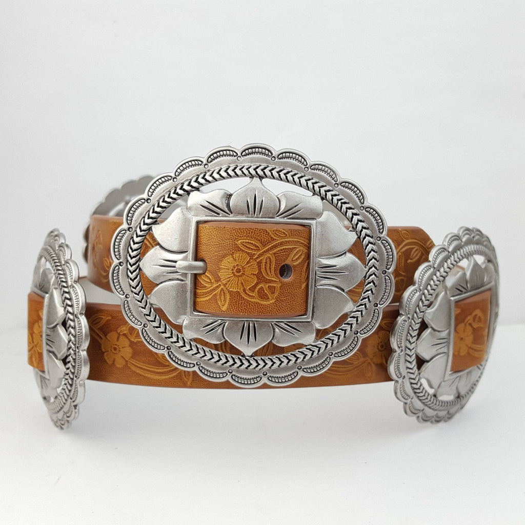 Western Oval Floral Concho Belt — Hand-Painted Tooled with 4 Conchos - Rooted & Reckless Co.