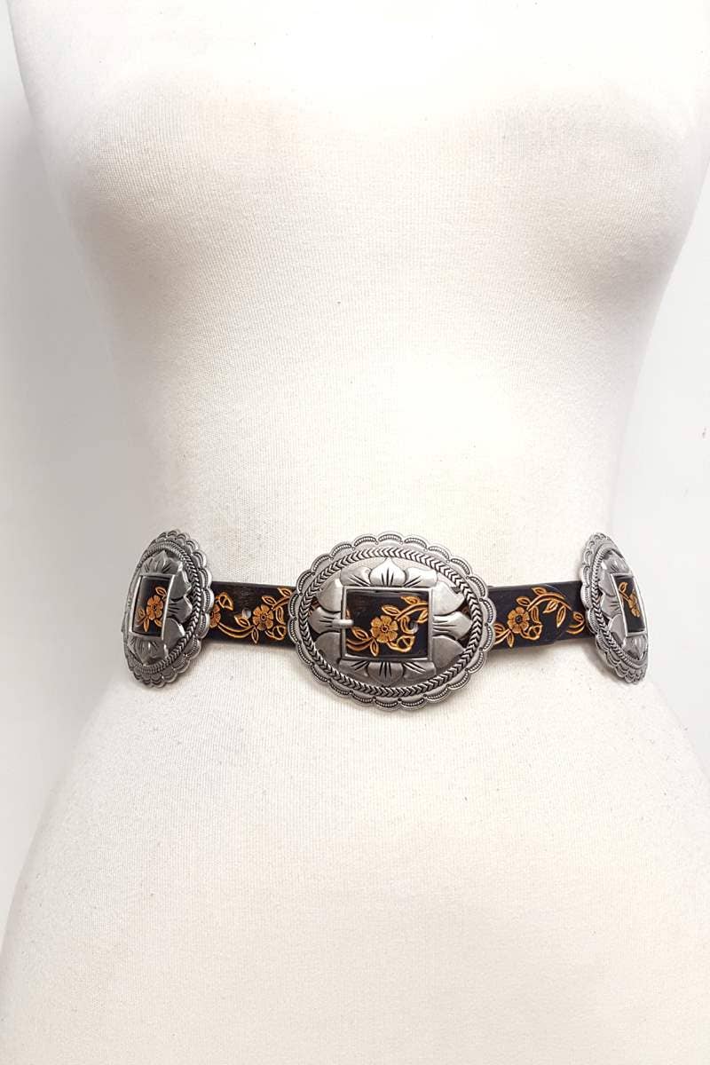 Western Oval Floral Concho Belt — Hand-Painted Tooled with 4 Conchos - Rooted & Reckless Co.