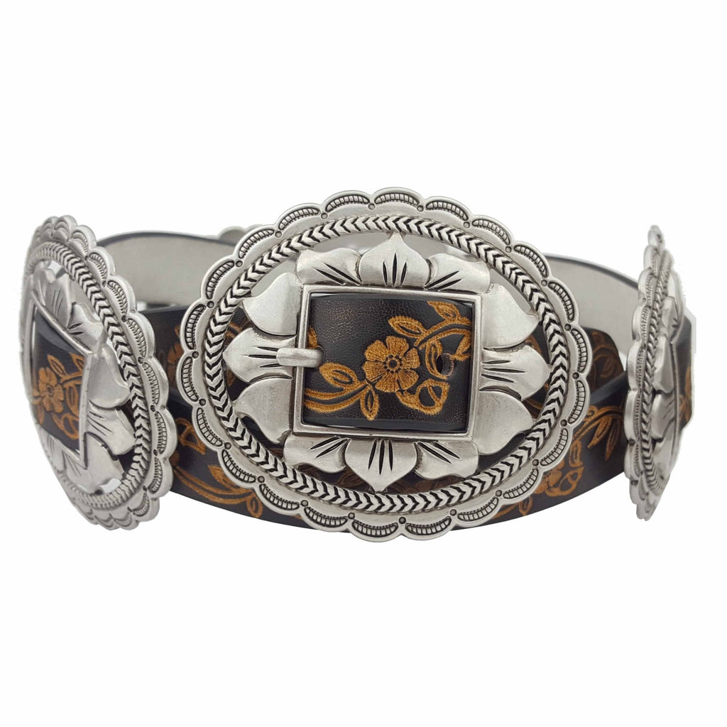 Western Oval Floral Concho Belt — Hand-Painted Tooled with 4 Conchos - Rooted & Reckless Co.
