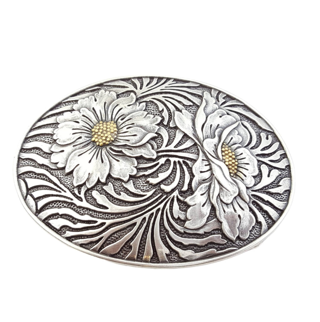 Western Oval Sunflower Belt Buckle — Premium Silver Plating with Gold Trim Accent - Rooted & Reckless Co.