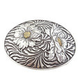 Western Oval Sunflower Belt Buckle — Premium Silver Plating with Gold Trim Accent - Rooted & Reckless Co.