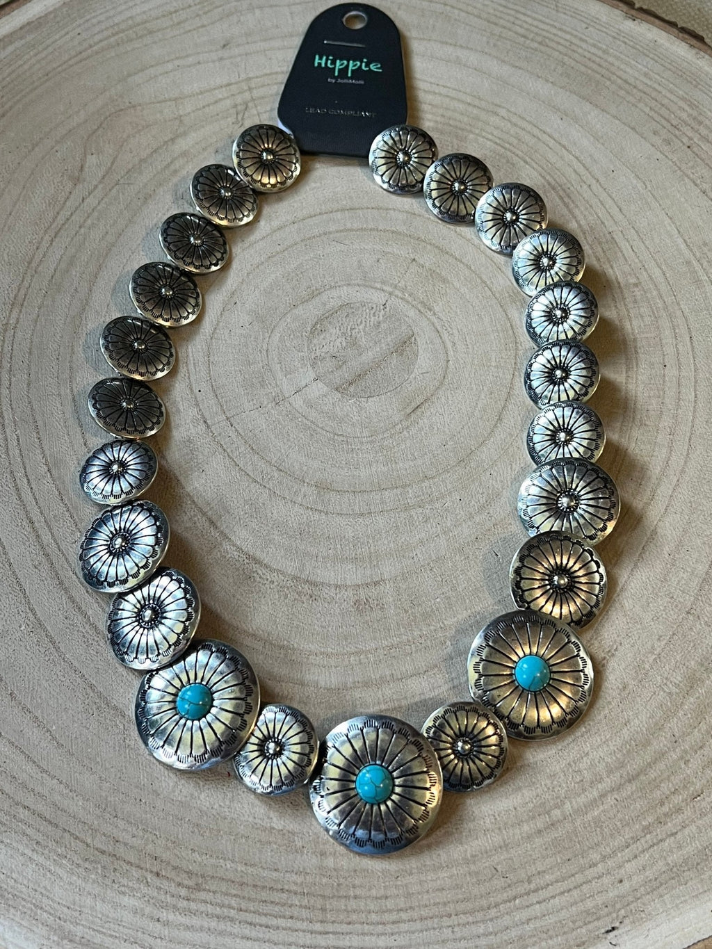 Western Overlapping Concho Necklace with Faux Turquoise — 18 Inch Southwestern Statement - Rooted & Reckless Co.