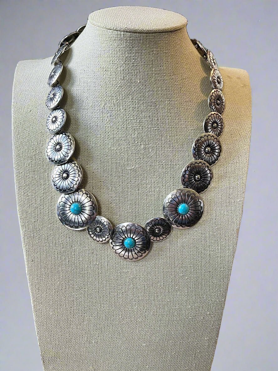 Western Overlapping Concho Necklace with Faux Turquoise — 18 Inch Southwestern Statement - Rooted & Reckless Co.