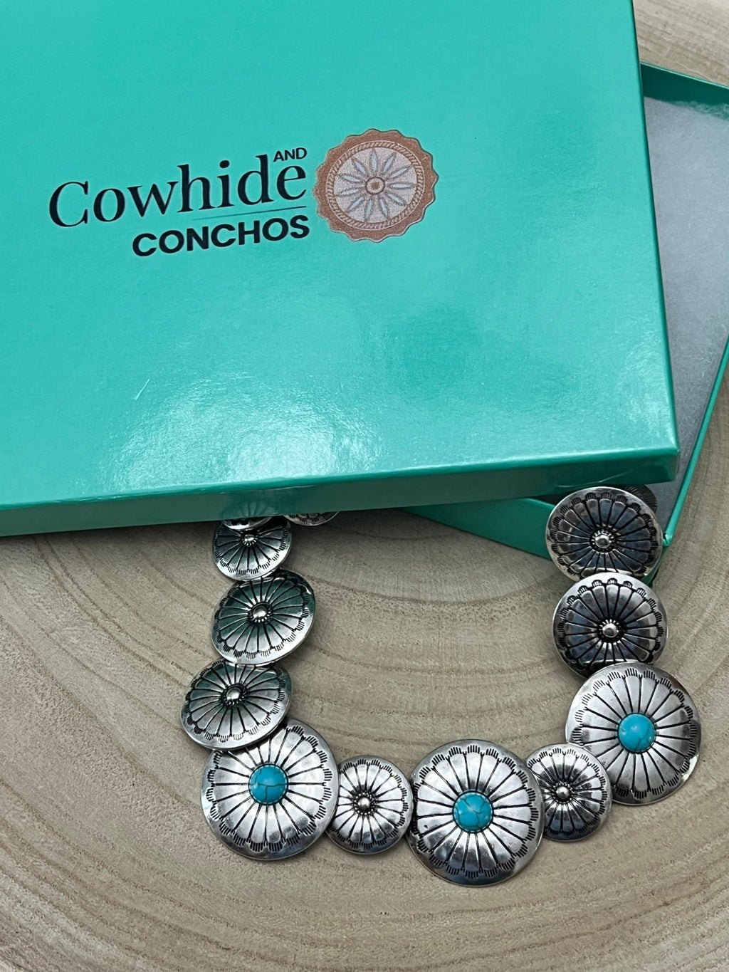 Western Overlapping Concho Necklace with Faux Turquoise — 18 Inch Southwestern Statement - Rooted & Reckless Co.