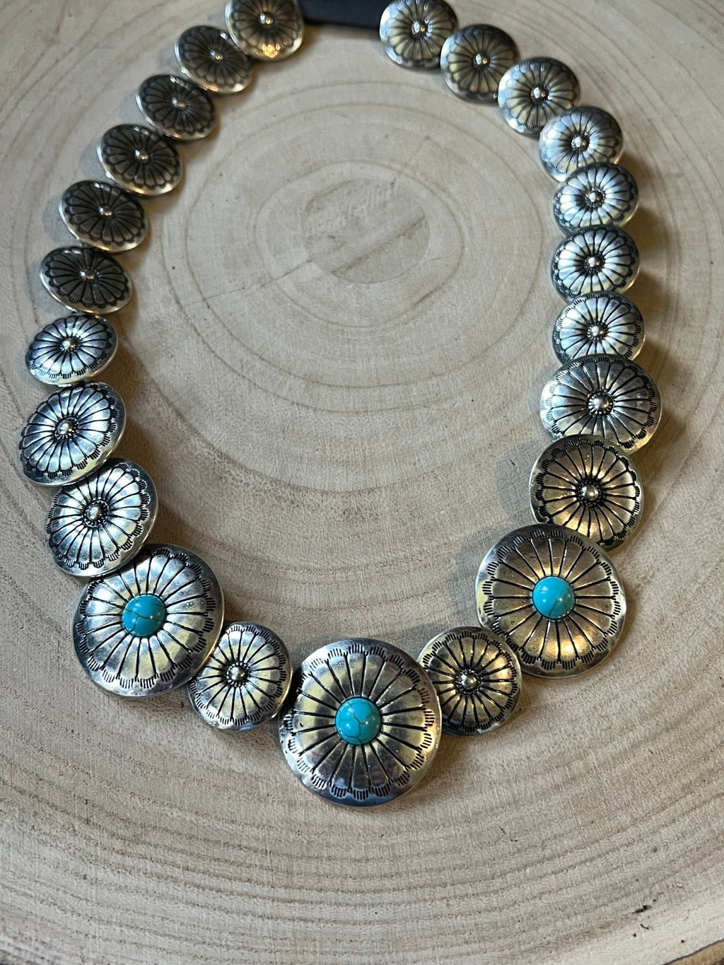Western Overlapping Concho Necklace with Faux Turquoise — 18 Inch Southwestern Statement - Rooted & Reckless Co.