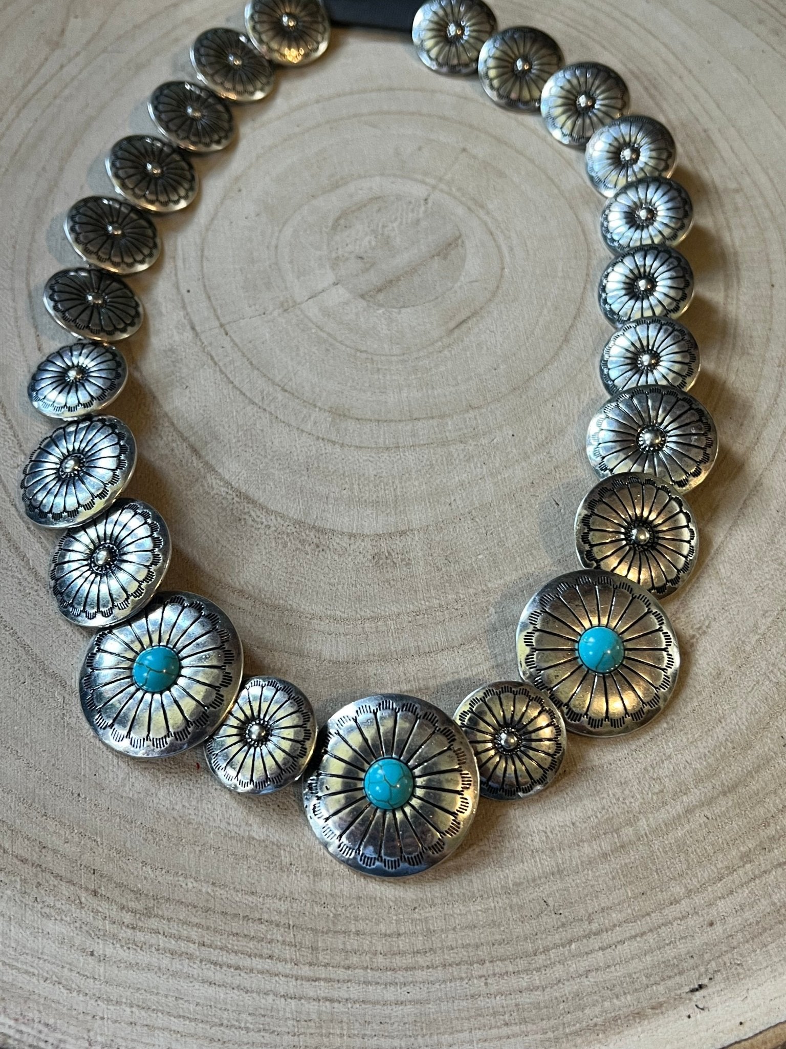 Western Overlapping Concho Necklace with Faux Turquoise — 18 Inch Southwestern Statement - Rooted & Reckless Co.