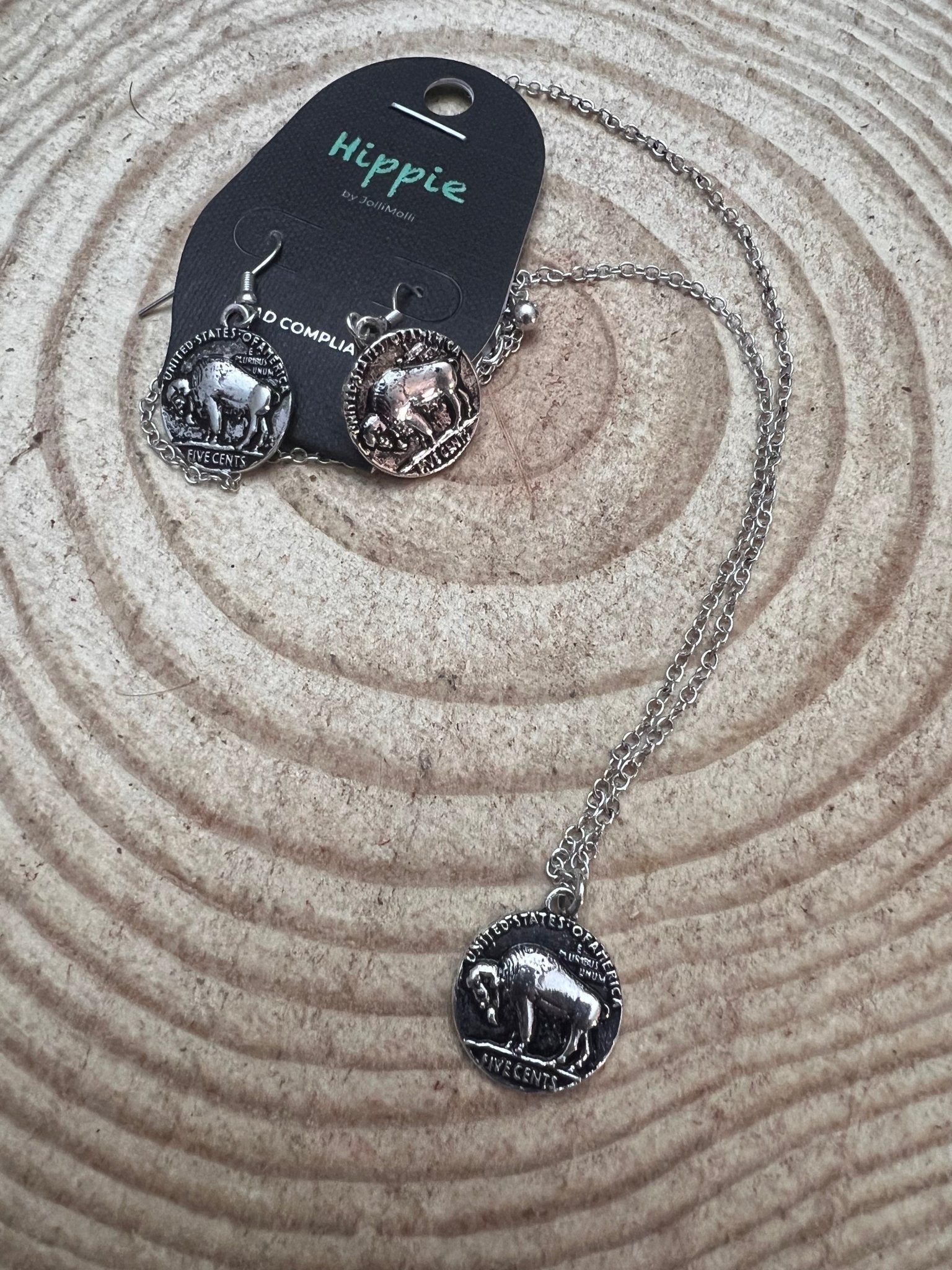 Western Petite Buffalo Coin Necklace & Earring Set — Burnished Silver Western Duo (18 Inch) - Rooted & Reckless Co.