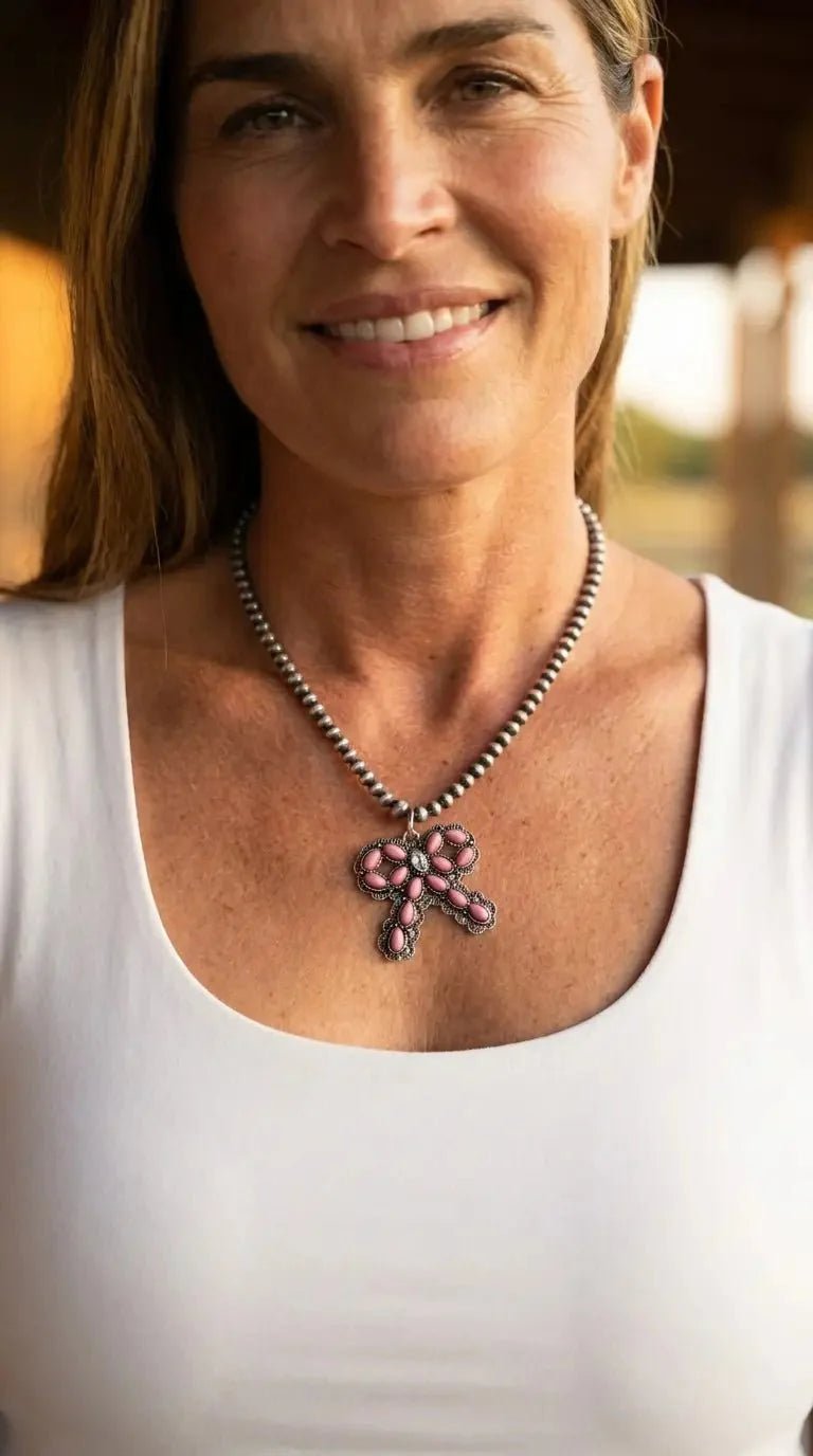 Western Pink Bow Pearl Necklace — Faux Pearls with Pink Bow Detail (18 Inch) - Rooted & Reckless Co.