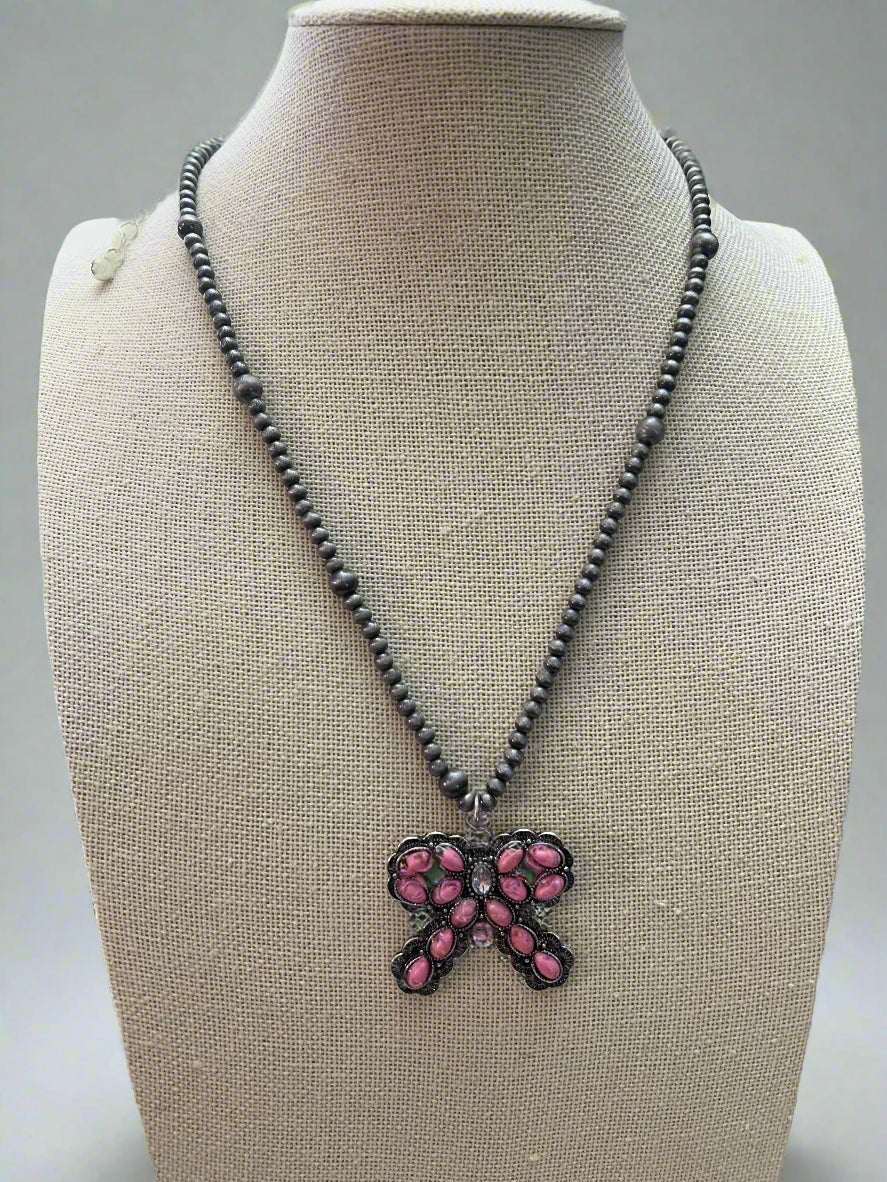 Western Pink Bow Pearl Necklace — Faux Pearls with Pink Bow Detail (18 Inch) - Rooted & Reckless Co.