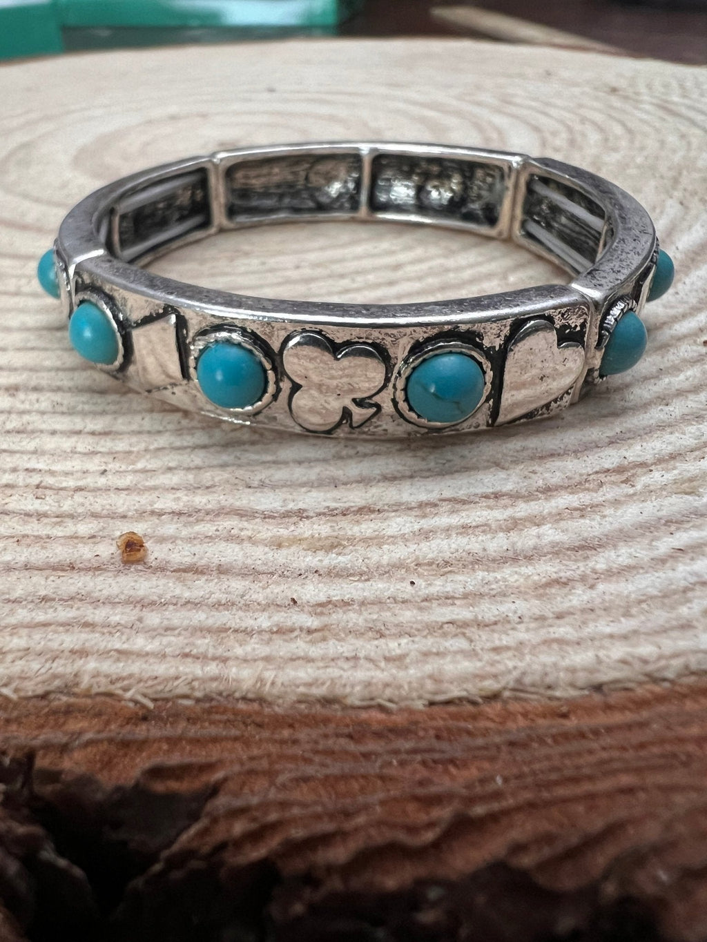 Western Playing Card Stretch Bracelet with Faux Turquoise Accents - Rooted & Reckless Co.