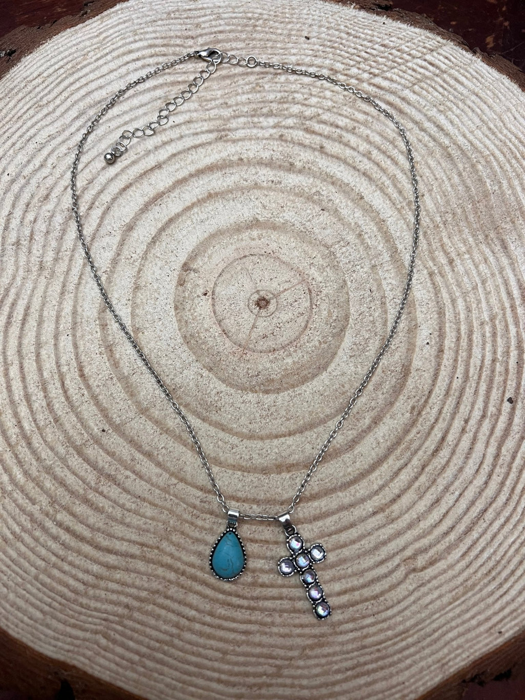 Western Rhinestone Cross & Faux Turquoise Dangle Necklace — 18 Inch with Extender - Rooted & Reckless Co.