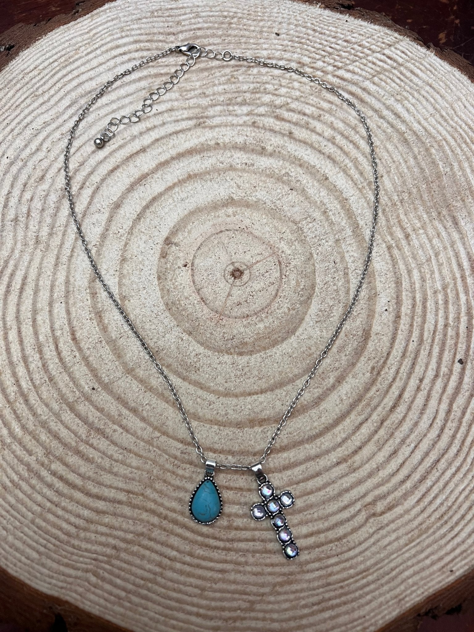 Western Rhinestone Cross & Faux Turquoise Dangle Necklace — 18 Inch with Extender - Rooted & Reckless Co.
