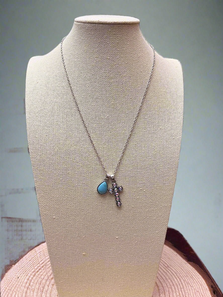Western Rhinestone Cross & Faux Turquoise Dangle Necklace — 18 Inch with Extender - Rooted & Reckless Co.