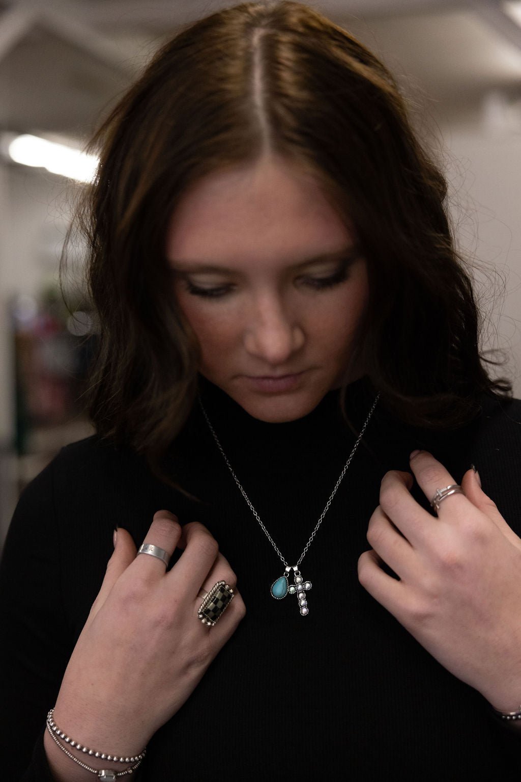 Western Rhinestone Cross & Faux Turquoise Dangle Necklace — 18 Inch with Extender - Rooted & Reckless Co.