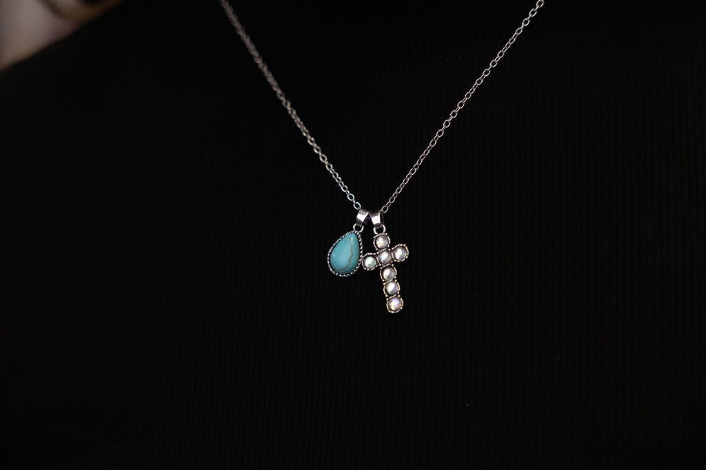 Western Rhinestone Cross & Faux Turquoise Dangle Necklace — 18 Inch with Extender - Rooted & Reckless Co.