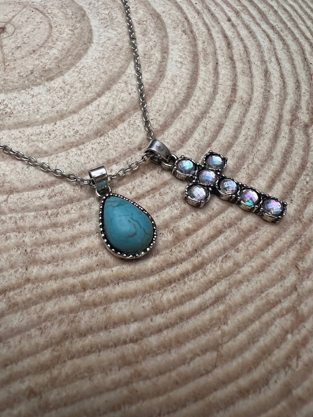 Western Rhinestone Cross & Faux Turquoise Dangle Necklace — 18 Inch with Extender - Rooted & Reckless Co.