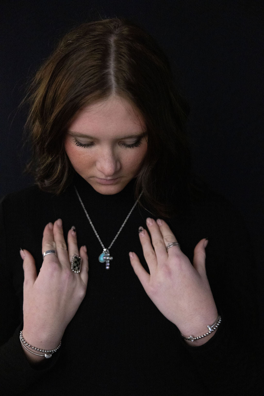 Western Rhinestone Cross & Faux Turquoise Dangle Necklace — 18 Inch with Extender - Rooted & Reckless Co.