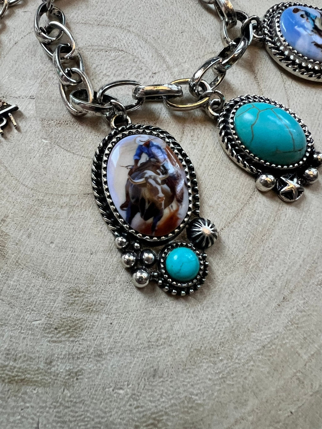 Western Rodeo Charm Bracelet — Bull Rider & Bronc Pendants with Faux Turquoise - Rooted & Reckless Co.