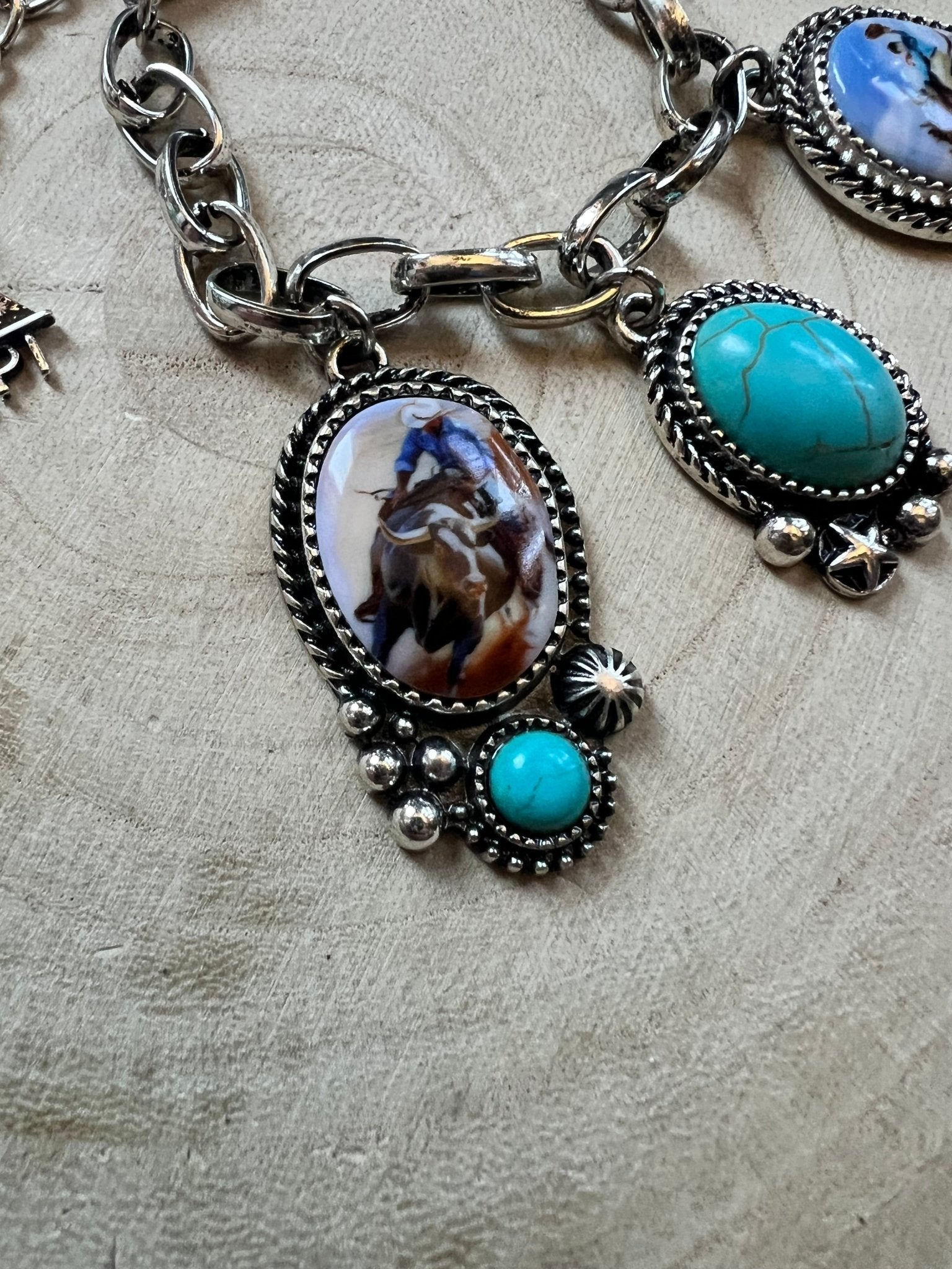 Western Rodeo Charm Bracelet — Bull Rider & Bronc Pendants with Faux Turquoise - Rooted & Reckless Co.