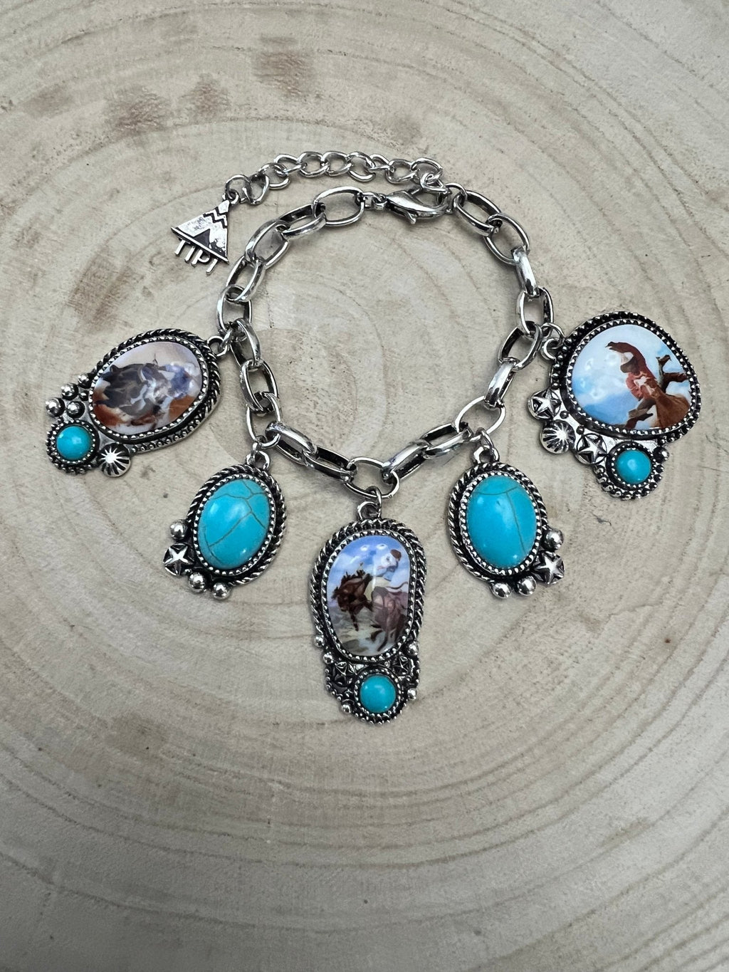Western Rodeo Charm Bracelet — Bull Rider & Bronc Pendants with Faux Turquoise - Rooted & Reckless Co.