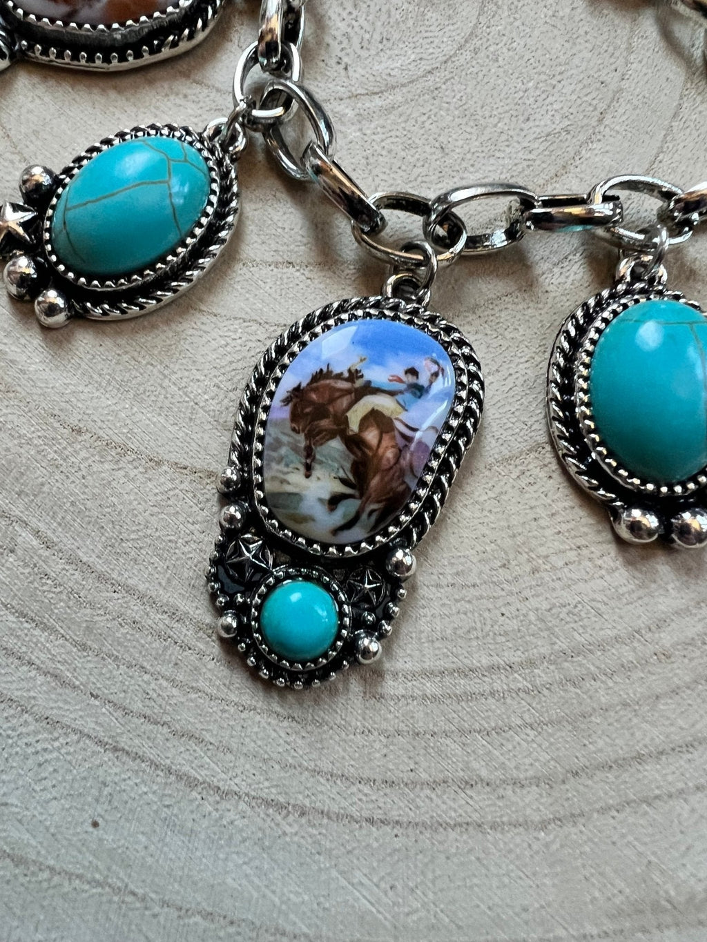 Western Rodeo Charm Bracelet — Bull Rider & Bronc Pendants with Faux Turquoise - Rooted & Reckless Co.