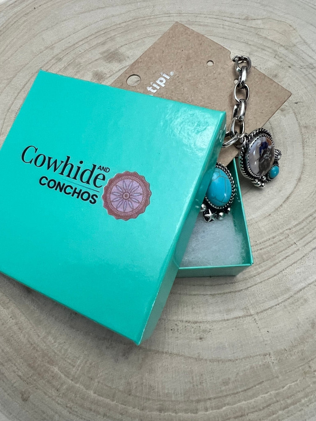 Western Rodeo Charm Bracelet — Bull Rider & Bronc Pendants with Faux Turquoise - Rooted & Reckless Co.