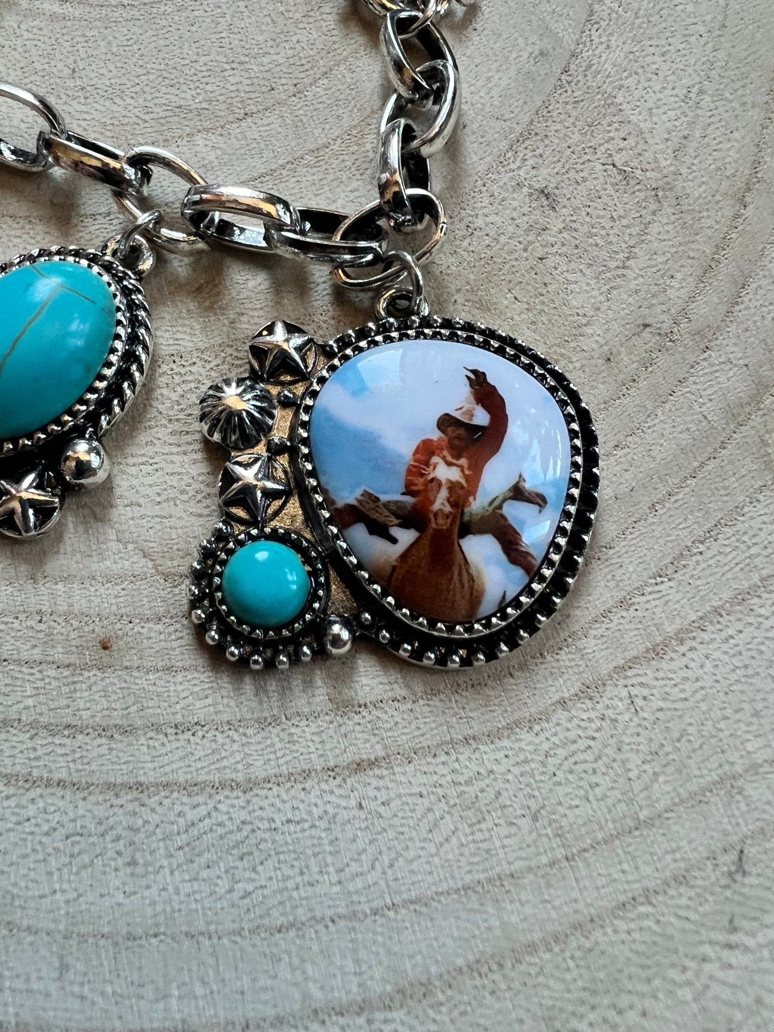 Western Rodeo Charm Bracelet — Bull Rider & Bronc Pendants with Faux Turquoise - Rooted & Reckless Co.