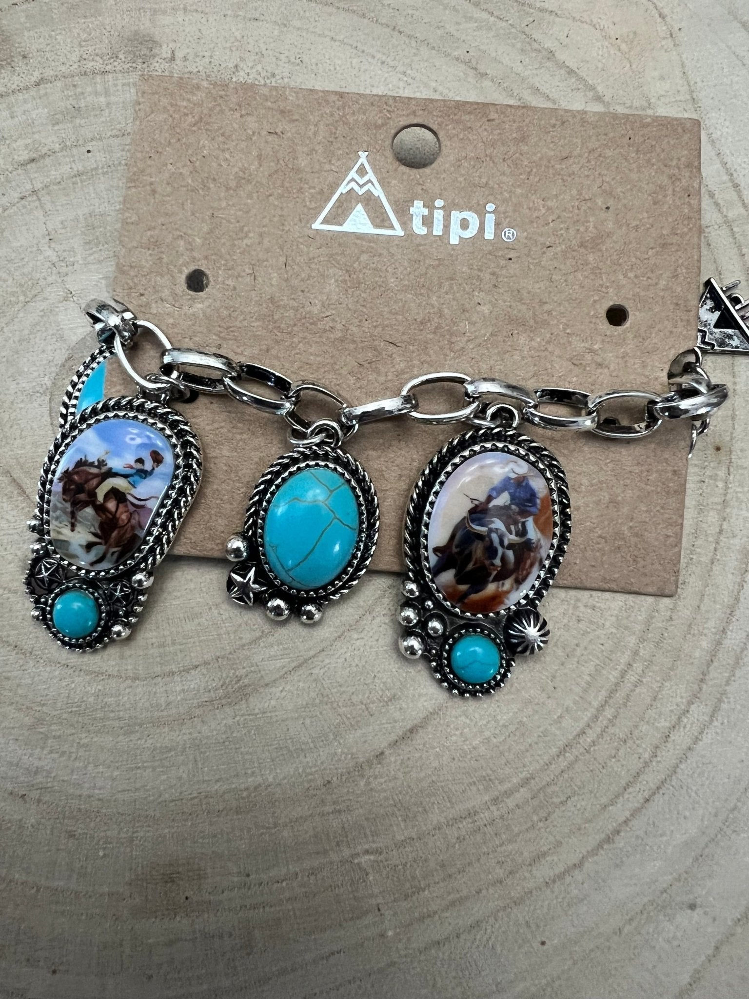 Western Rodeo Charm Bracelet — Bull Rider & Bronc Pendants with Faux Turquoise - Rooted & Reckless Co.